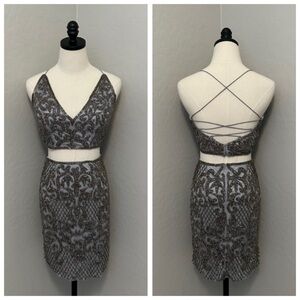 NEW PRIMAVERA PEWTER SZ 6 TWO PIECE BEADED TIE BACK FORMAL COCKTAIL DRESS